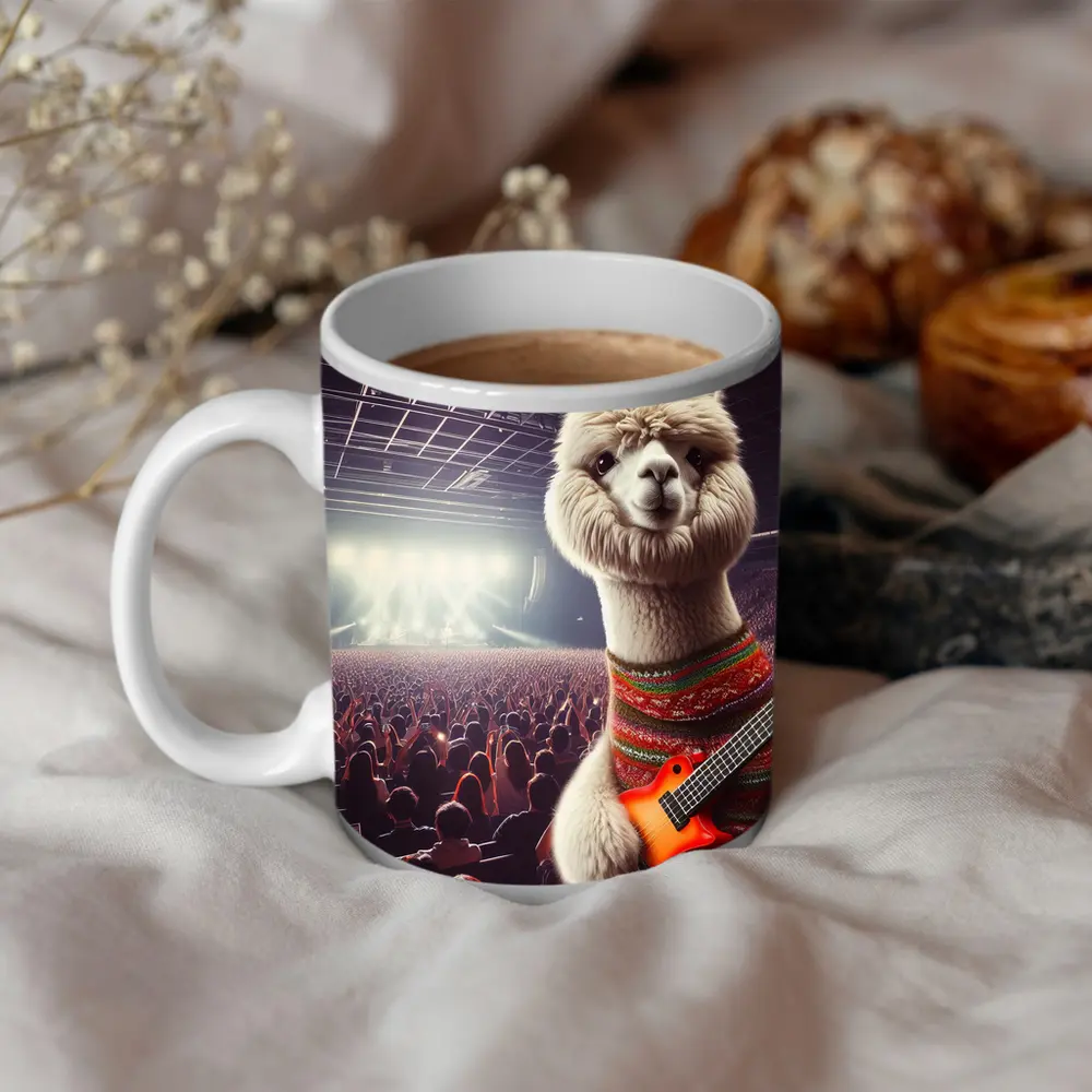 Alpaca Playing Guitar At Rock Concert – Mugs