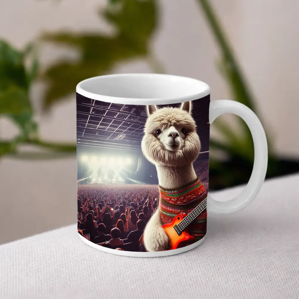 Alpaca Playing Guitar At Rock Concert – Mugs