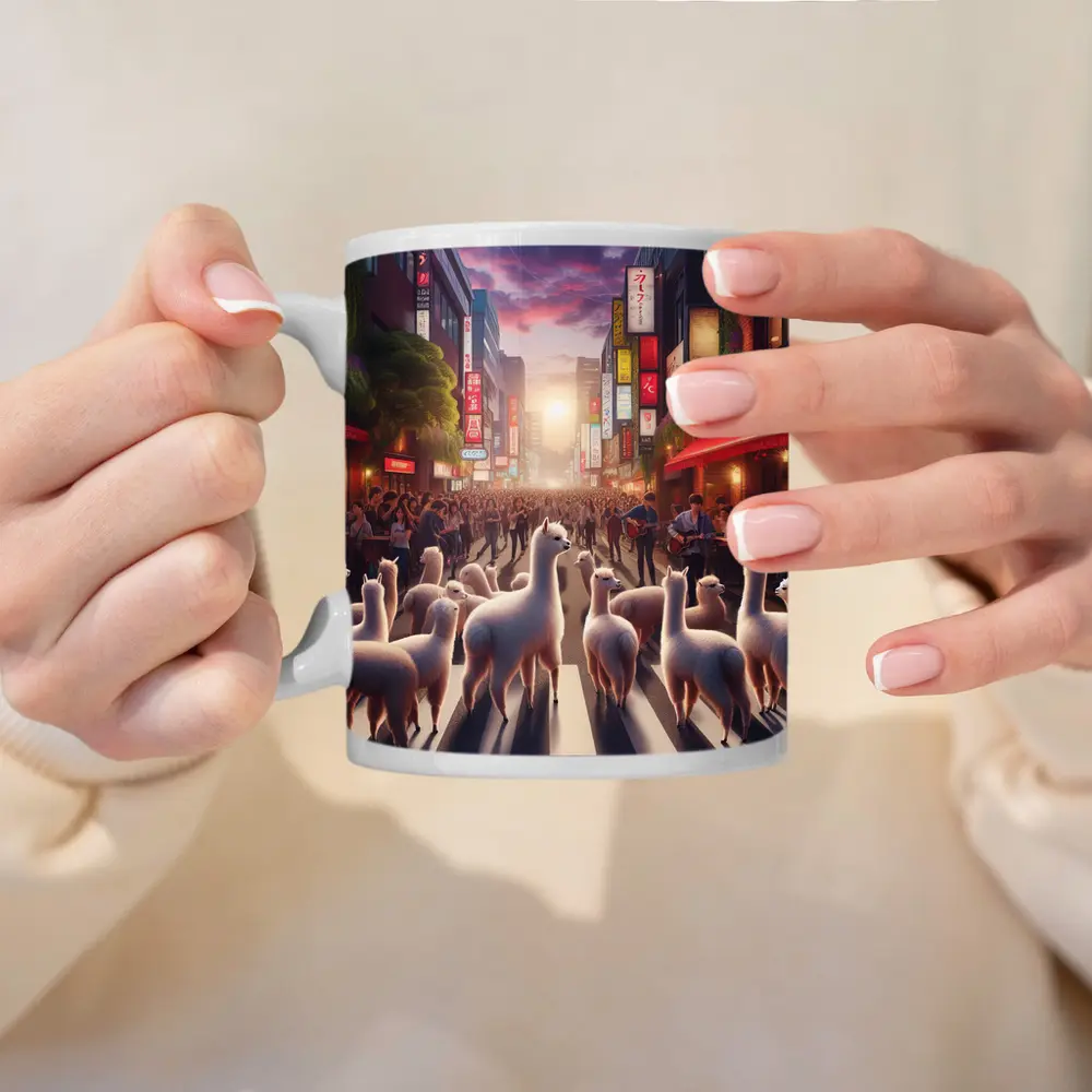 Alpacas Walking Through Busy Tokyo Street – Mugs