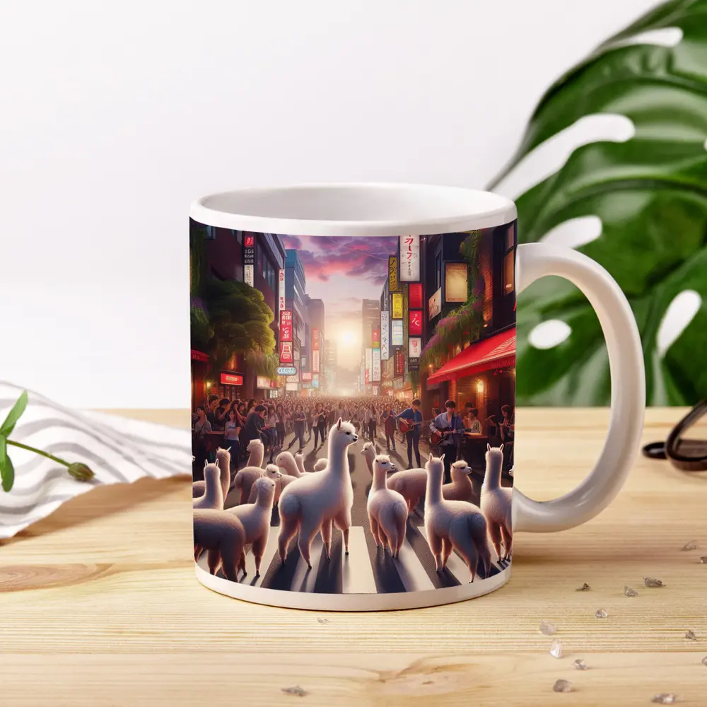 Alpacas Walking Through Busy Tokyo Street – Mugs