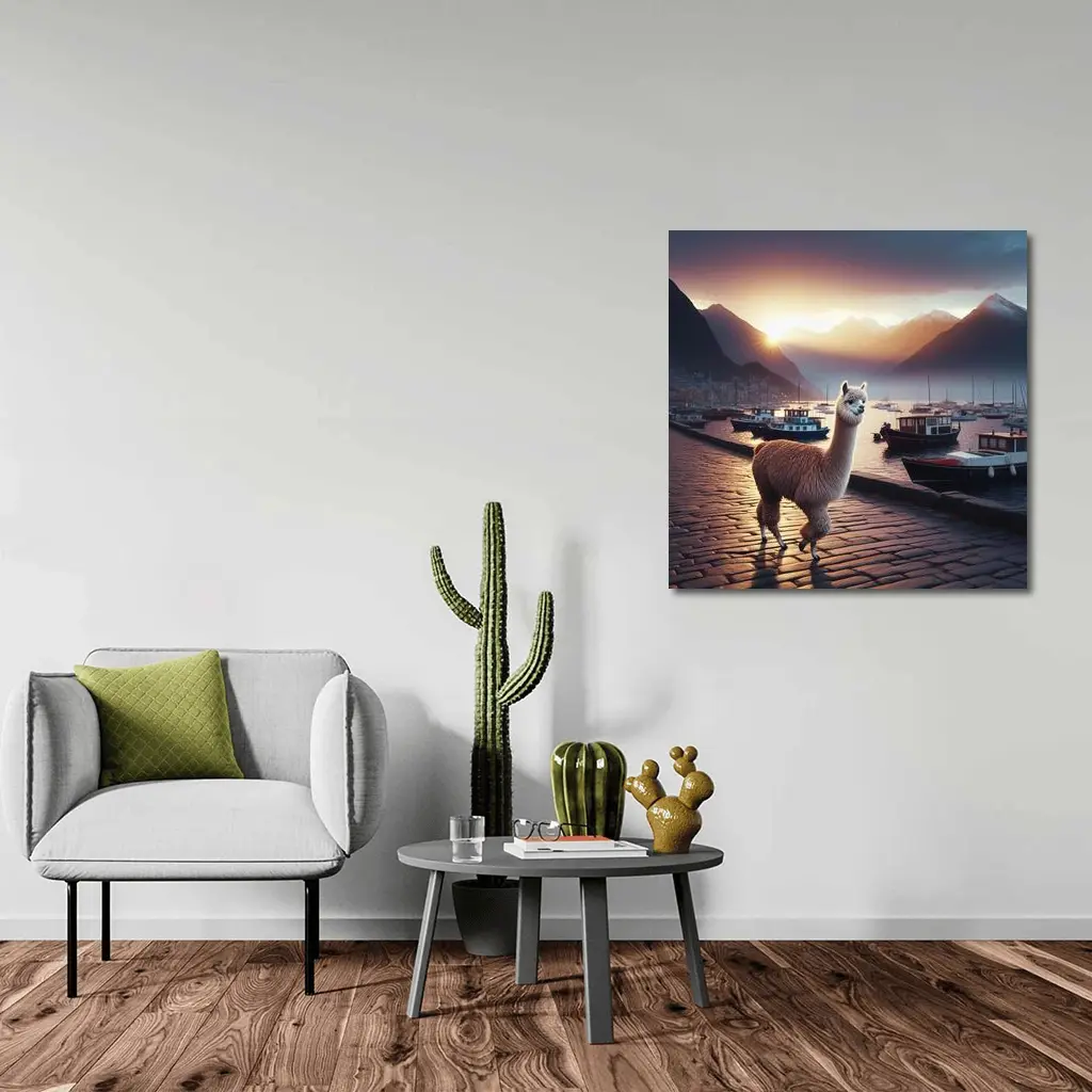 Alpaca Standing at Harbor Sunset Mountains – Wall Art
