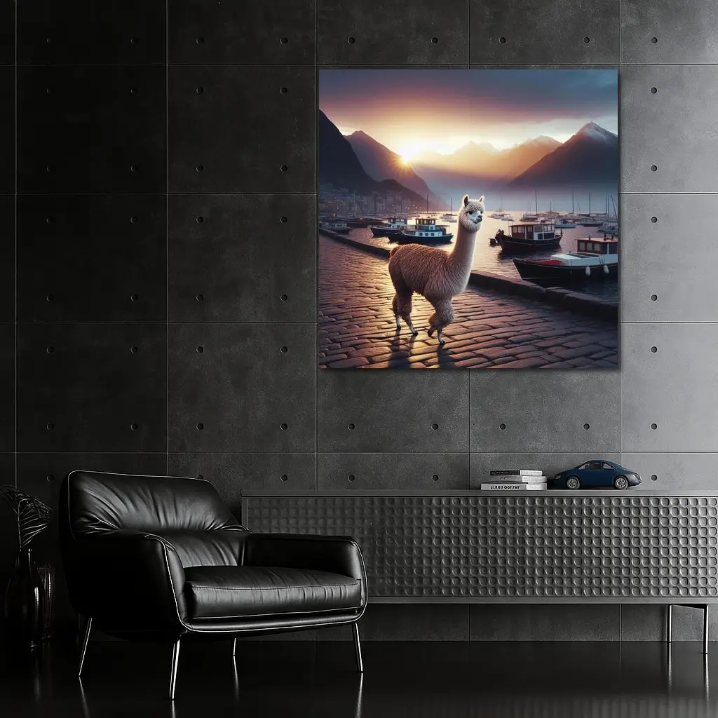 Alpaca Standing at Harbor Sunset Mountains – Wall Art