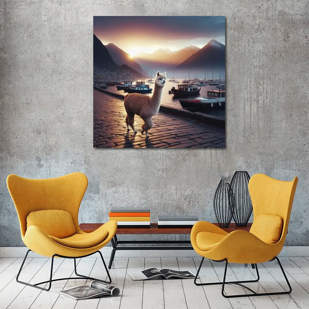 Alpaca Standing at Harbor Sunset Mountains – Wall Art