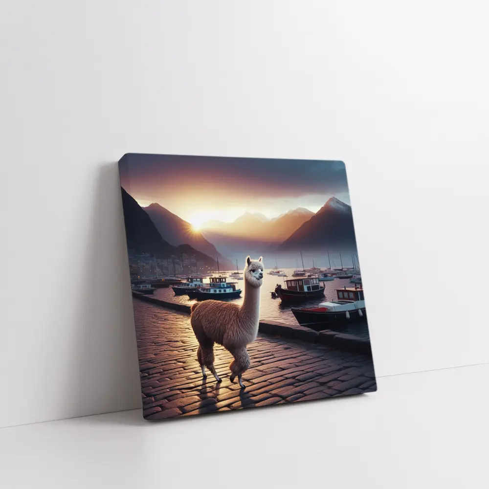 Alpaca Standing at Harbor Sunset Mountains – Wall Art