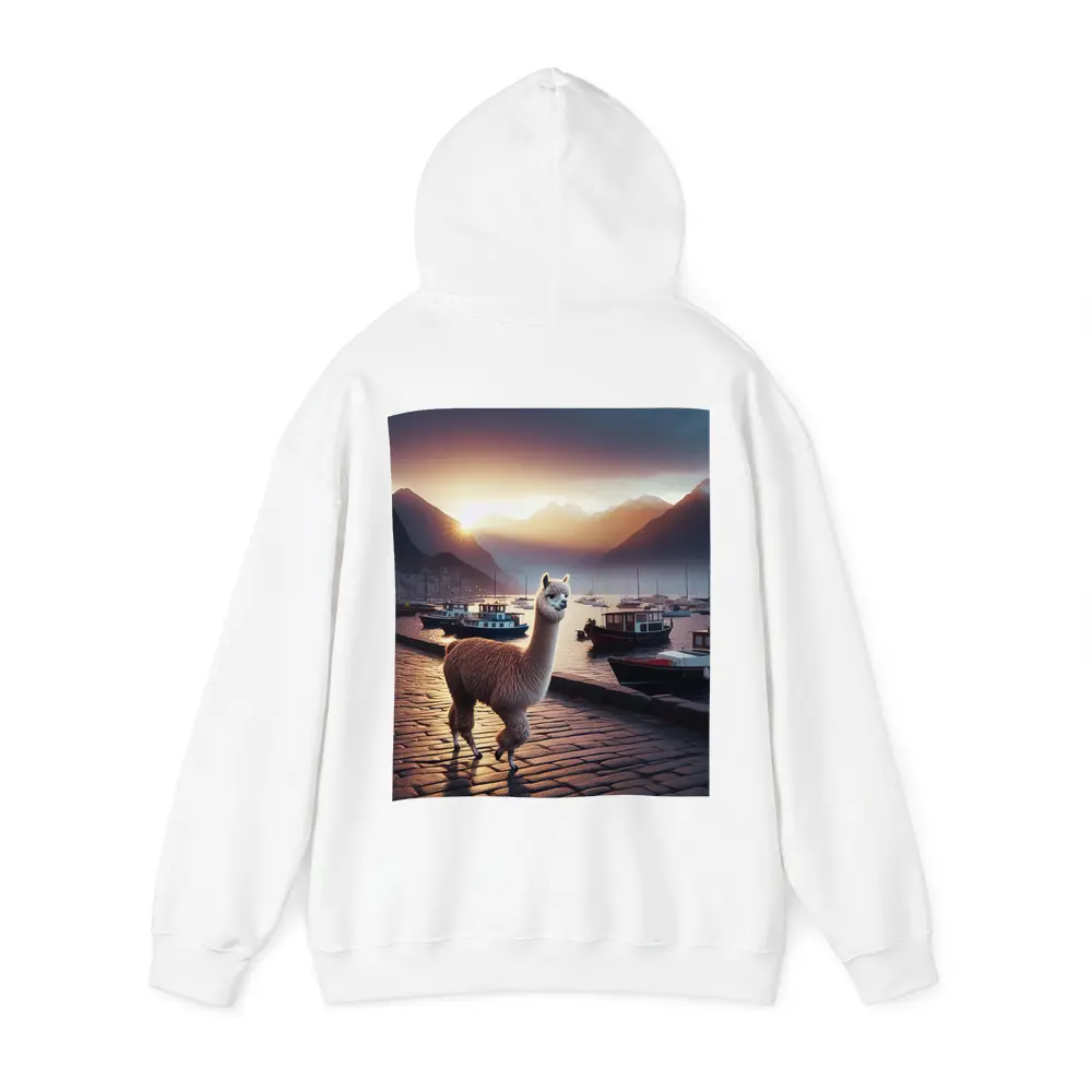 Alpaca Standing at Harbor Sunset Mountains – Hoodies