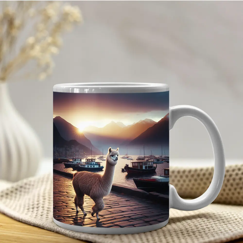 Alpaca Standing at Harbor Sunset Mountains – Mugs