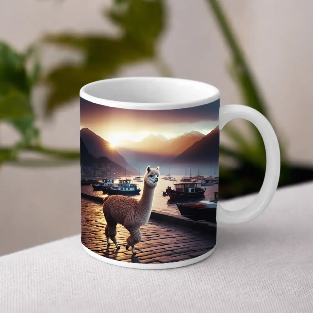 Alpaca Standing at Harbor Sunset Mountains – Mugs