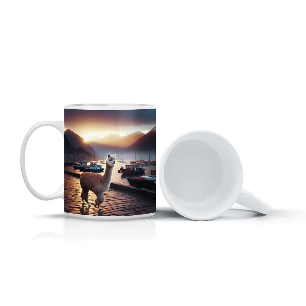 Alpaca Standing at Harbor Sunset Mountains – Mugs