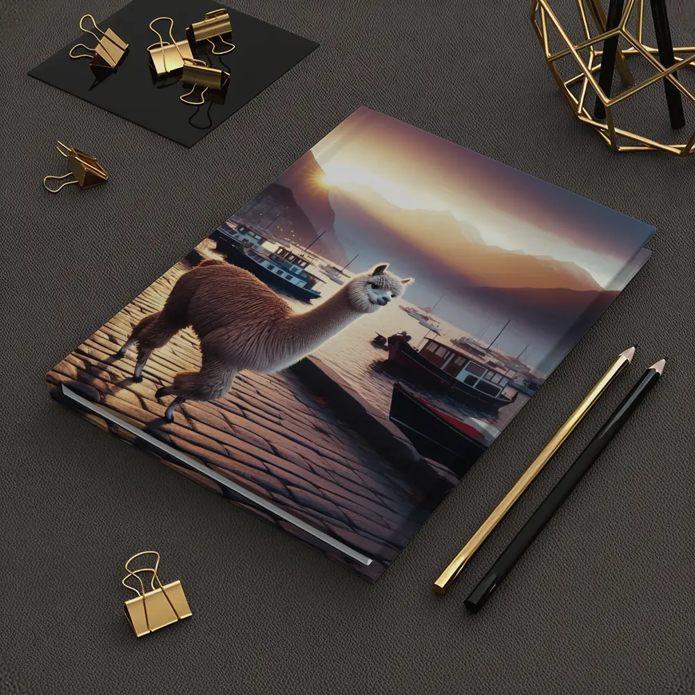 Alpaca Standing at Harbor Sunset Mountains – Notebooks