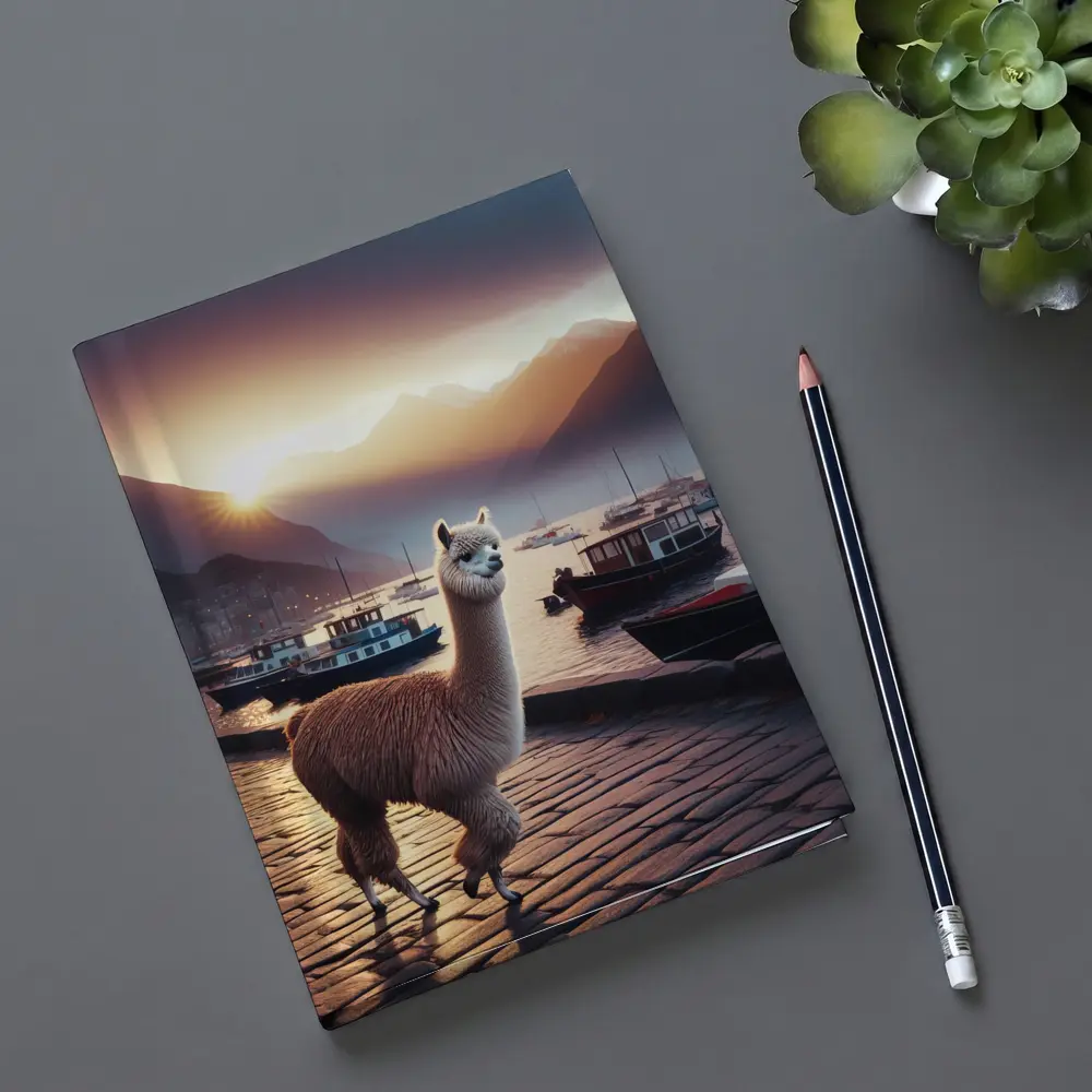 Alpaca Standing at Harbor Sunset Mountains – Notebooks