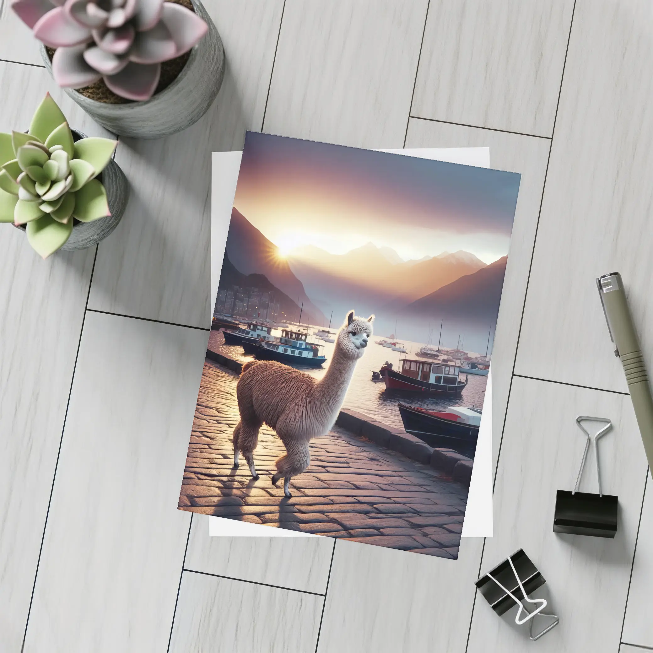 Alpaca Standing at Harbor Sunset Mountains – Postcards