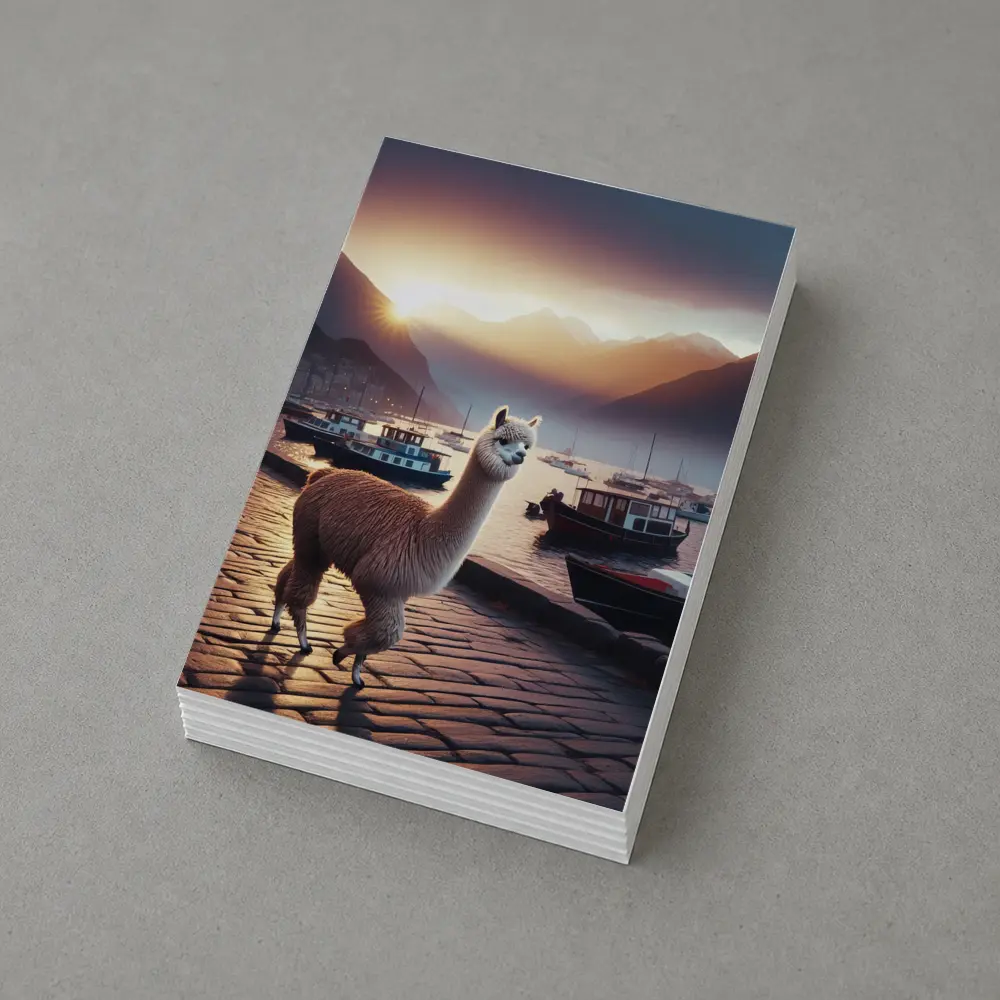 Alpaca Standing at Harbor Sunset Mountains – Postcards