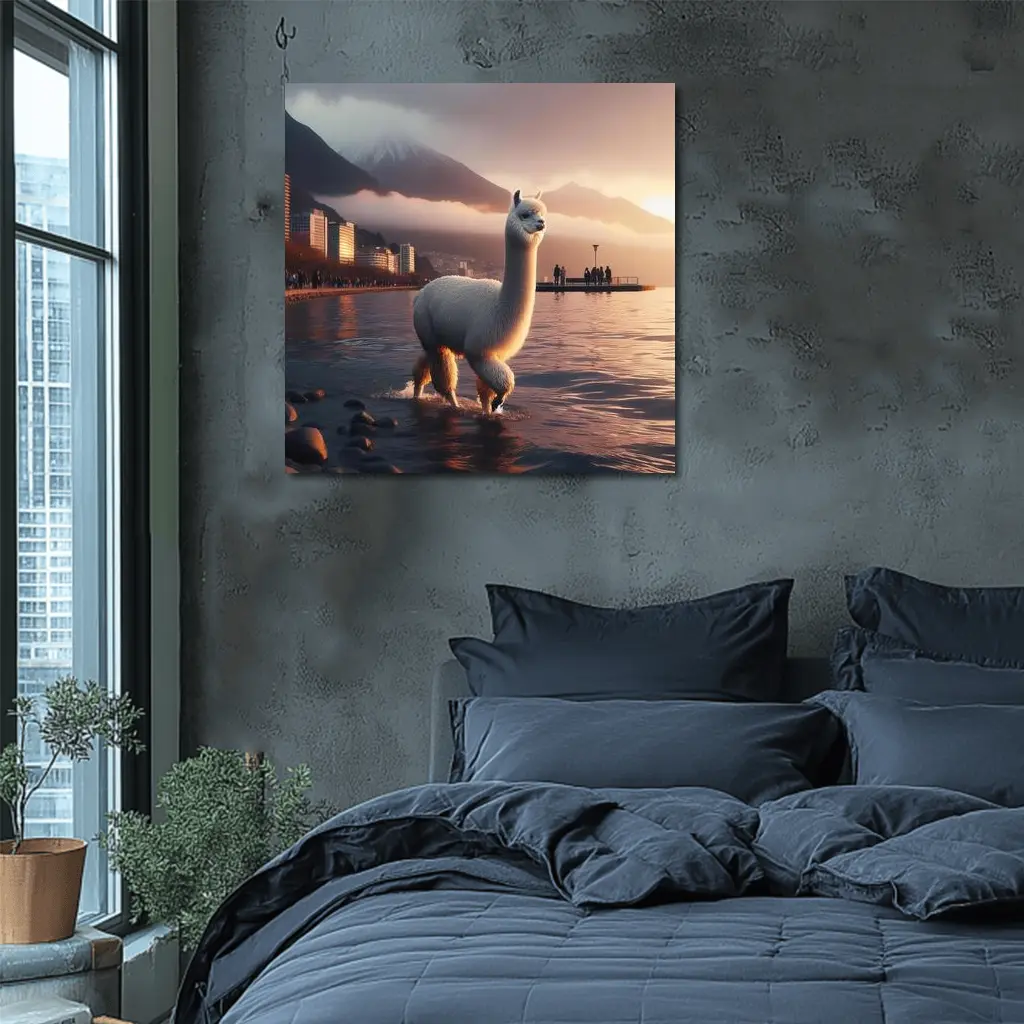 White Alpaca Wading Lakeside City Sunset – Wall Art