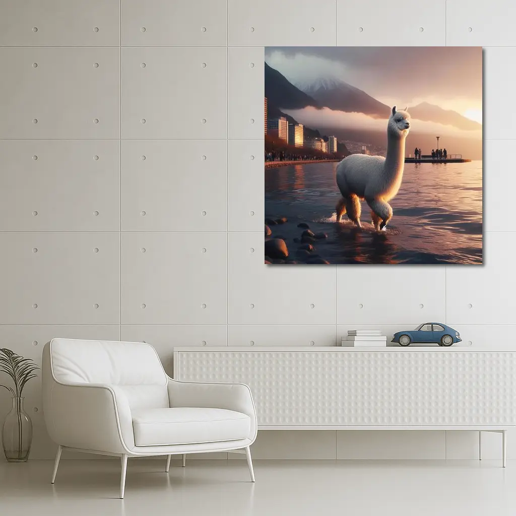 White Alpaca Wading Lakeside City Sunset – Wall Art