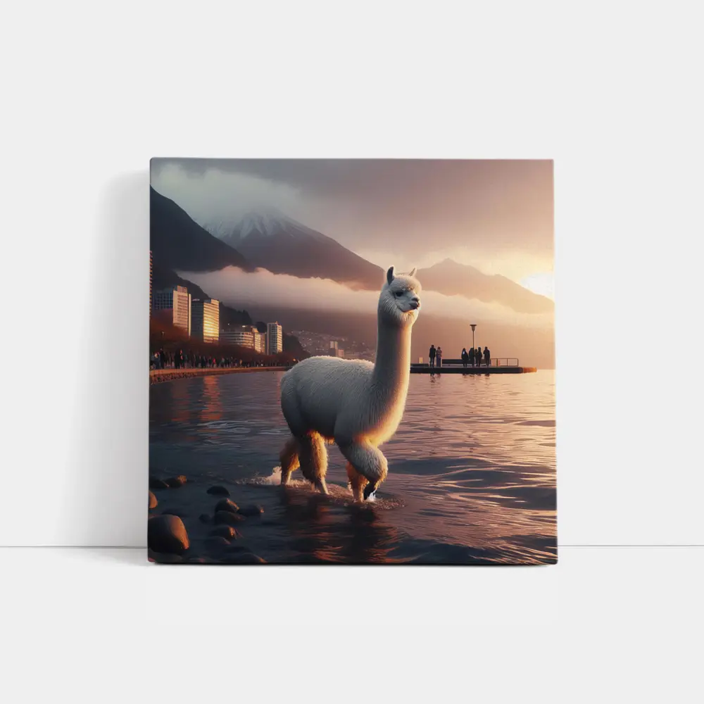 White Alpaca Wading Lakeside City Sunset – Wall Art