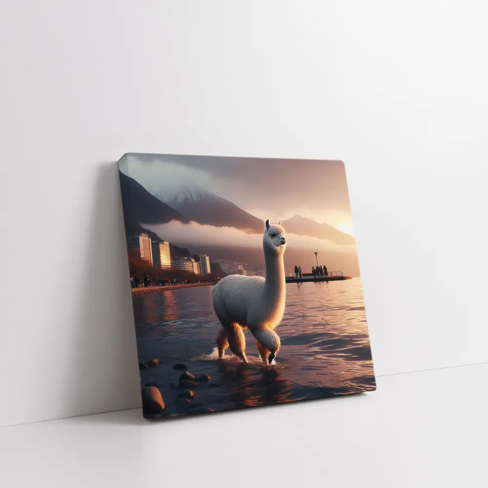 White Alpaca Wading Lakeside City Sunset – Wall Art