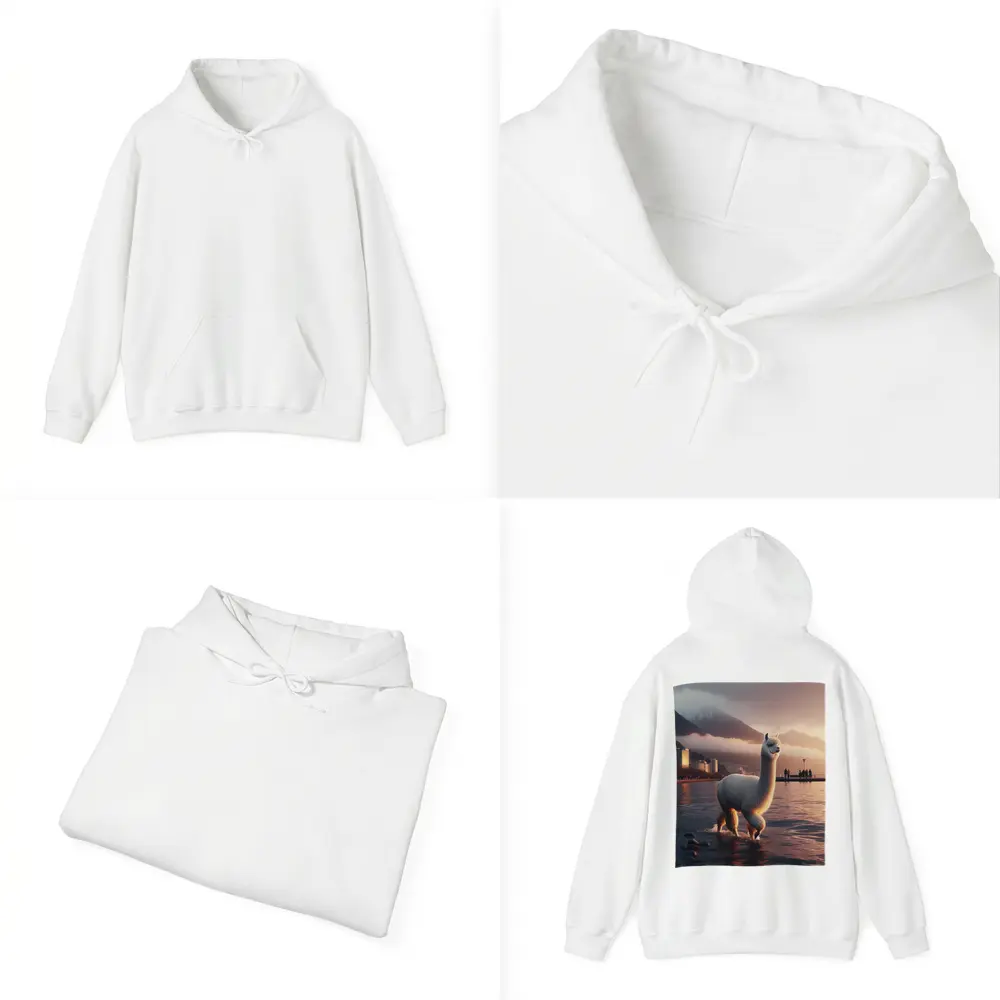 White Alpaca Wading Lakeside City Sunset – Hoodies
