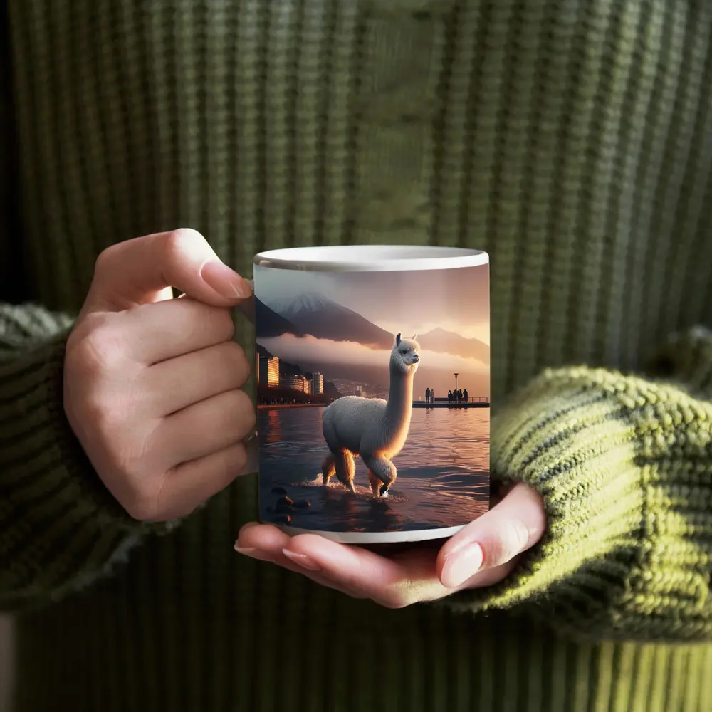 White Alpaca Wading Lakeside City Sunset – Mugs