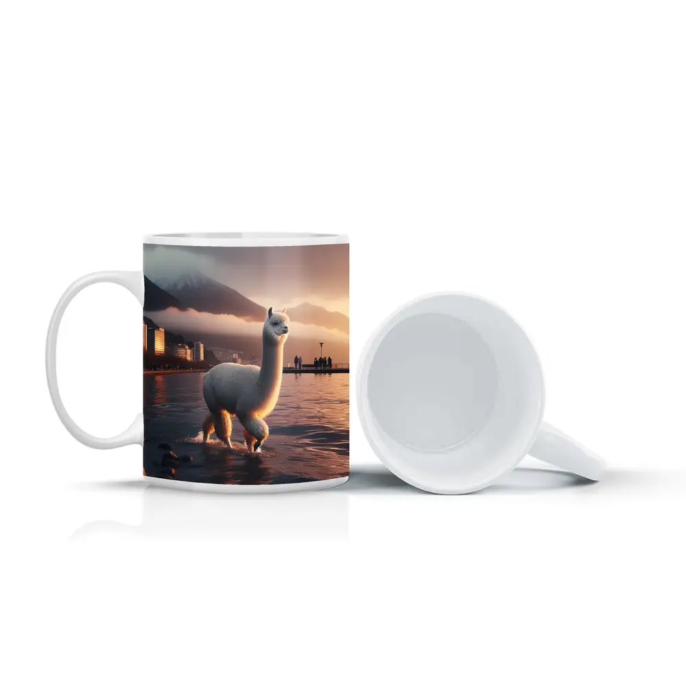 White Alpaca Wading Lakeside City Sunset – Mugs
