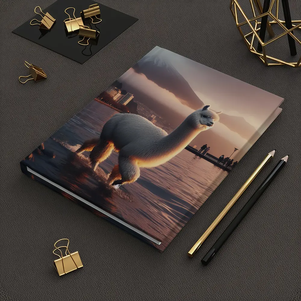 White Alpaca Wading Lakeside City Sunset – Notebooks