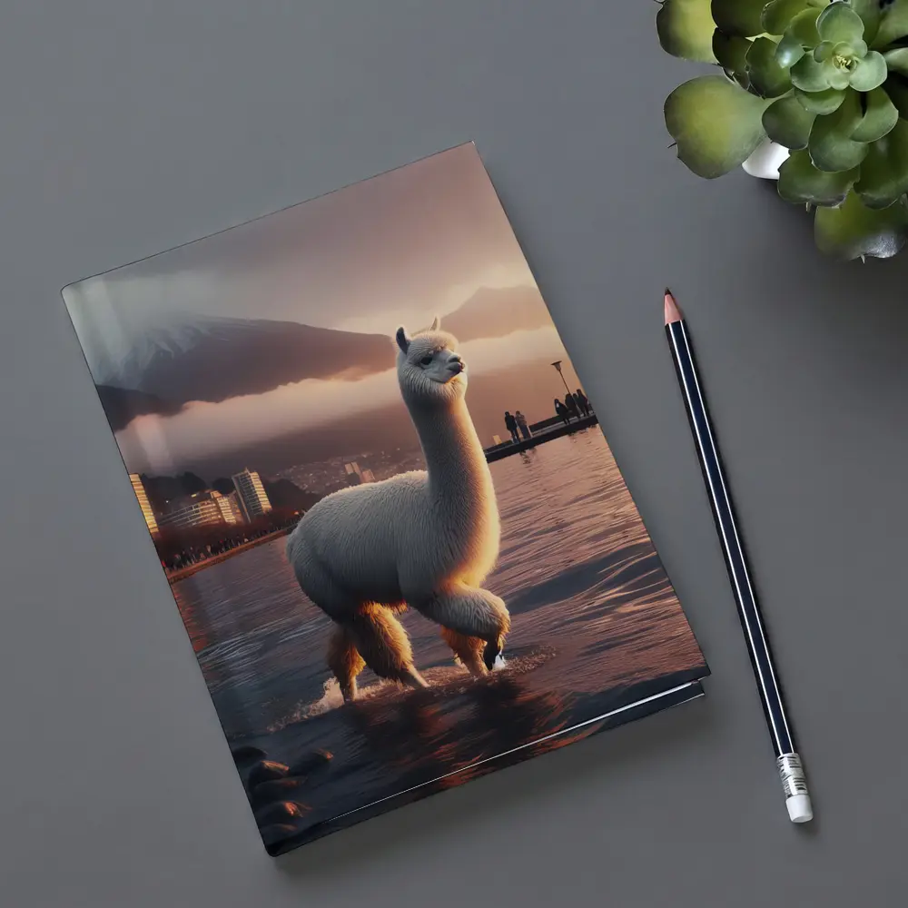 White Alpaca Wading Lakeside City Sunset – Notebooks
