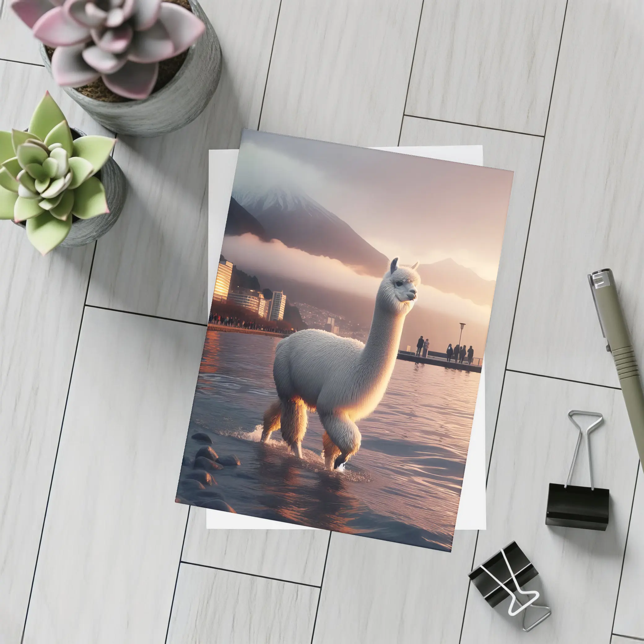 White Alpaca Wading Lakeside City Sunset – Postcards