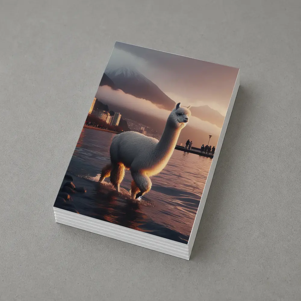 White Alpaca Wading Lakeside City Sunset – Postcards