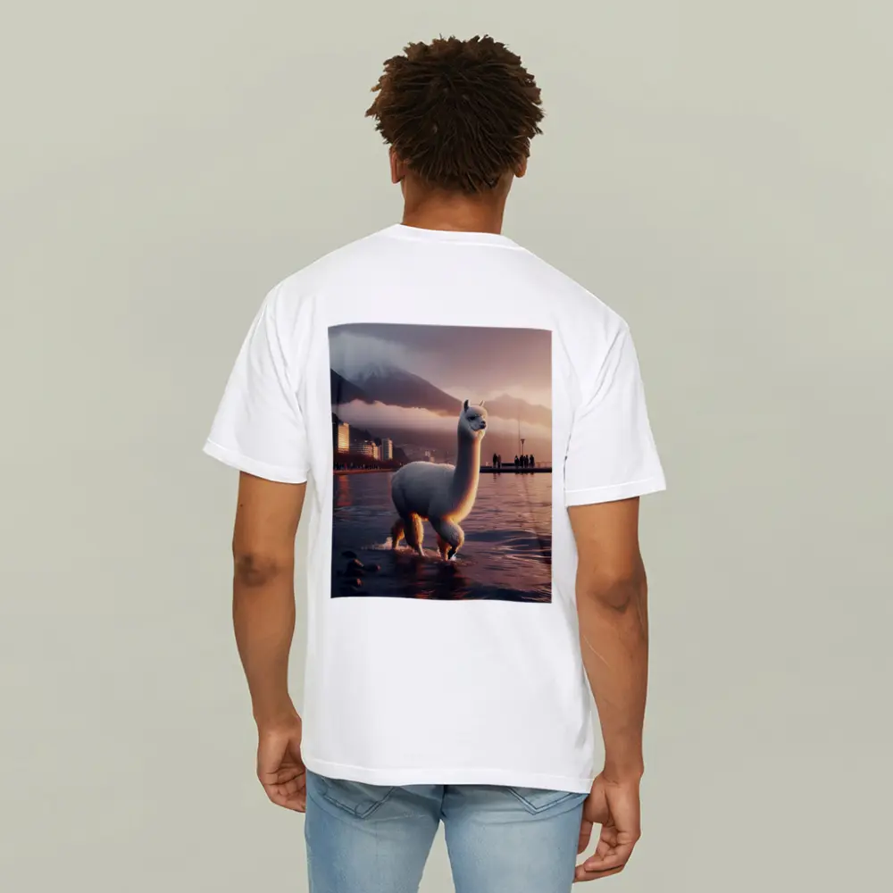 White Alpaca Wading Lakeside City Sunset – T-Shirts