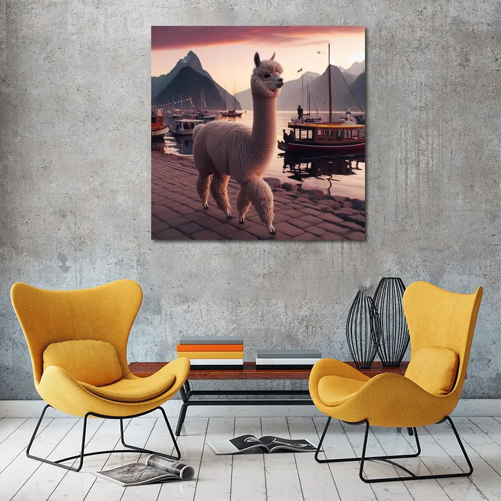 Alpaca at Sunset Harbor with Mountains – Wall Art
