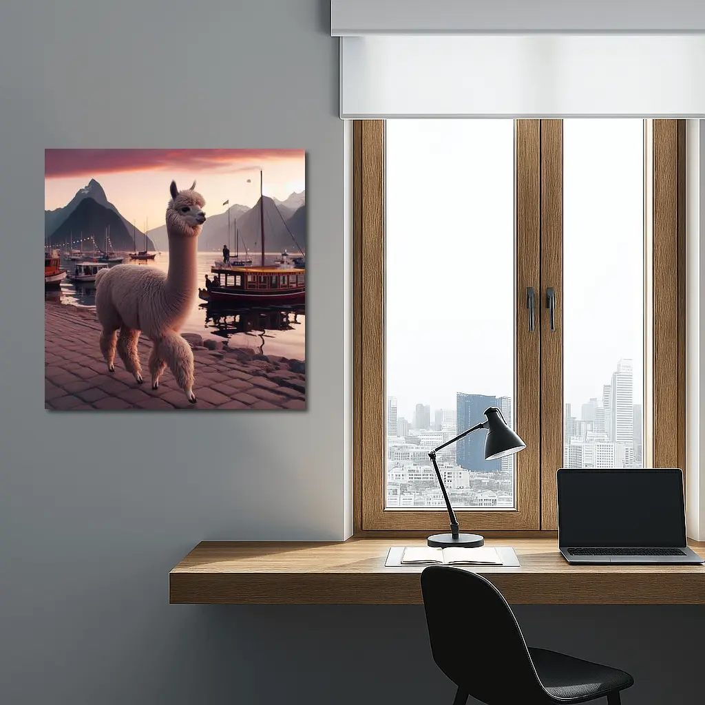Alpaca at Sunset Harbor with Mountains – Wall Art