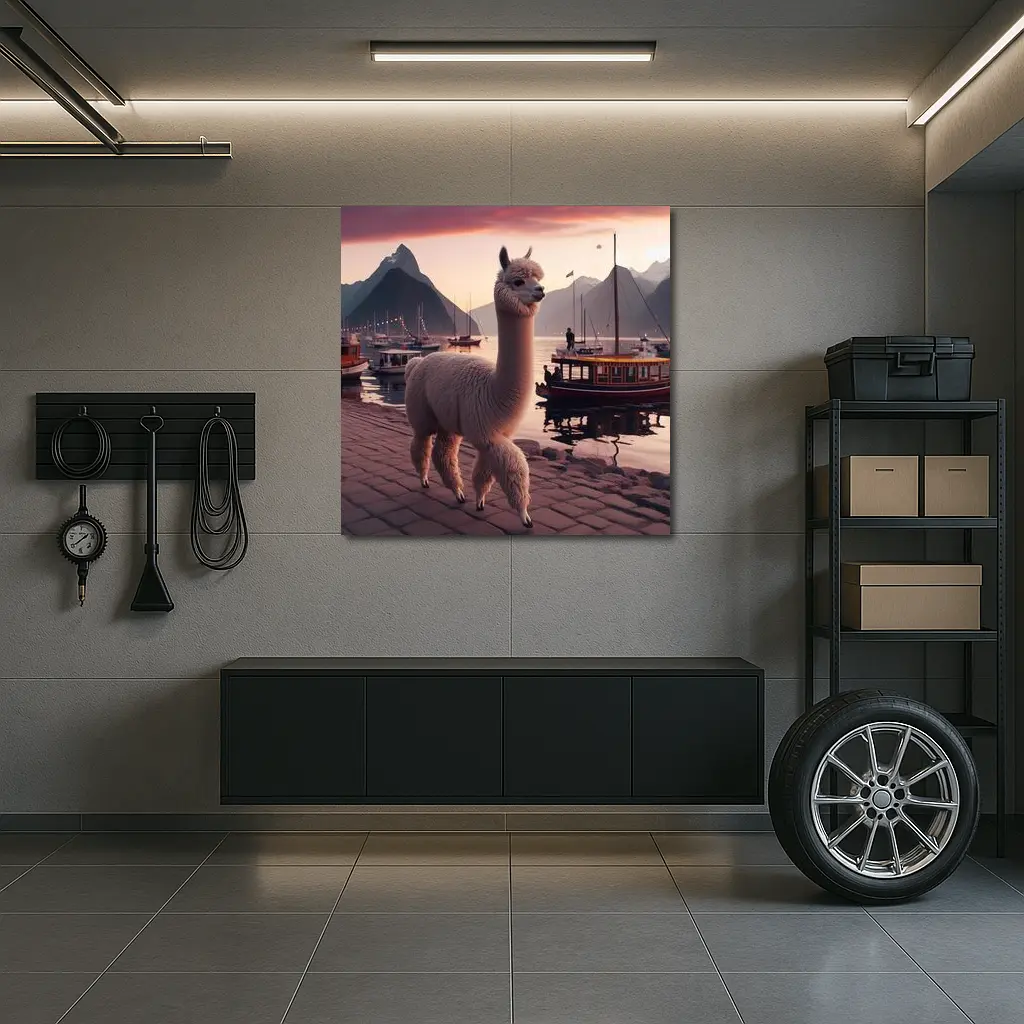 Alpaca at Sunset Harbor with Mountains – Wall Art