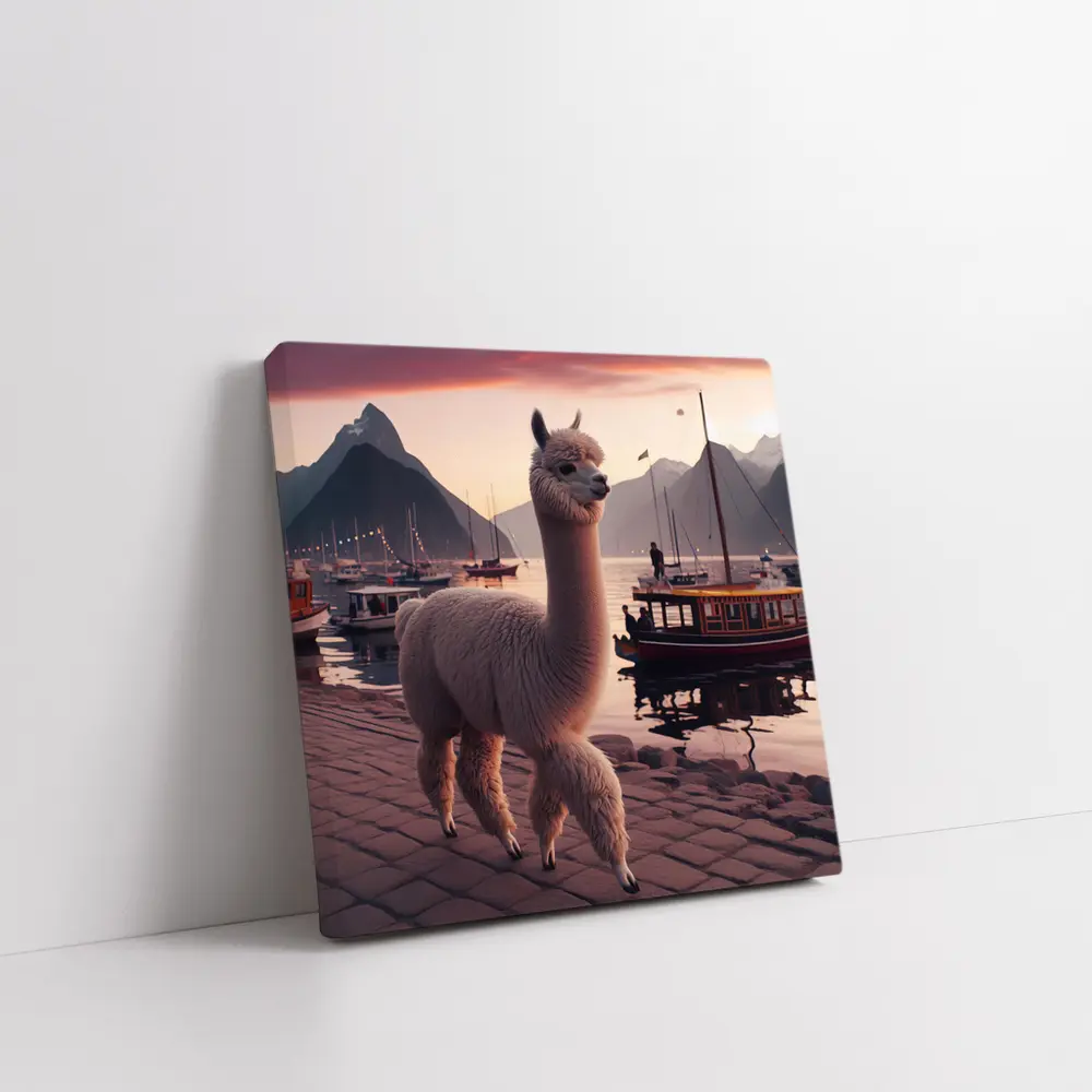 Alpaca at Sunset Harbor with Mountains – Wall Art