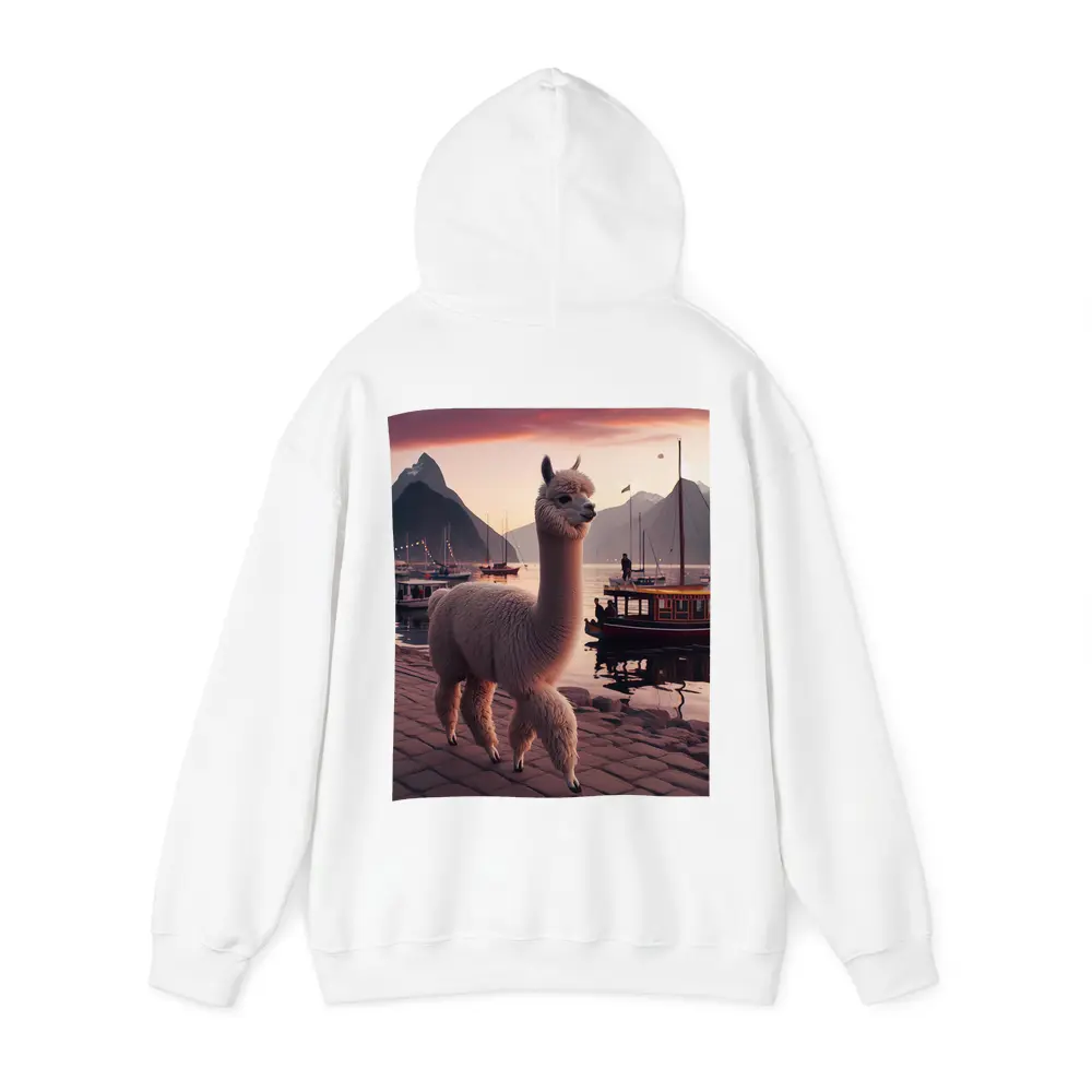 Alpaca at Sunset Harbor with Mountains – Hoodies