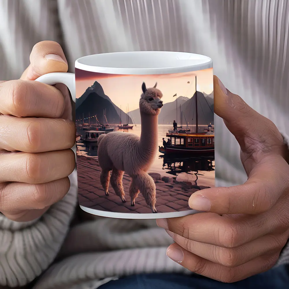 Alpaca at Sunset Harbor with Mountains – Mugs