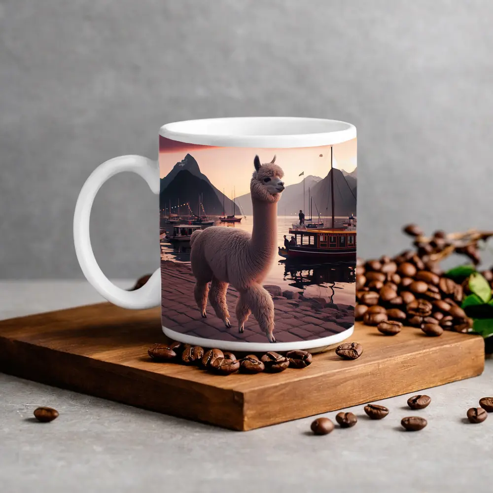 Alpaca at Sunset Harbor with Mountains – Mugs
