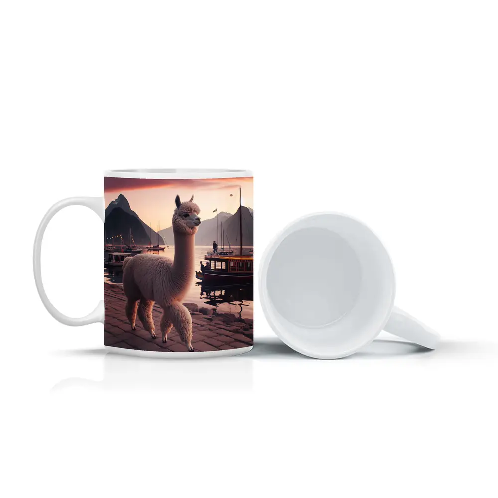 Alpaca at Sunset Harbor with Mountains – Mugs