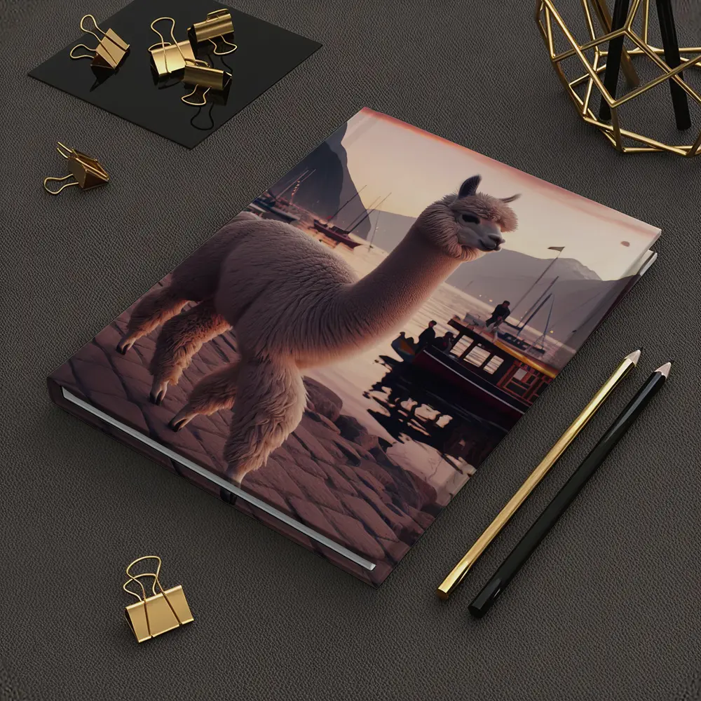 Alpaca at Sunset Harbor with Mountains – Notebooks
