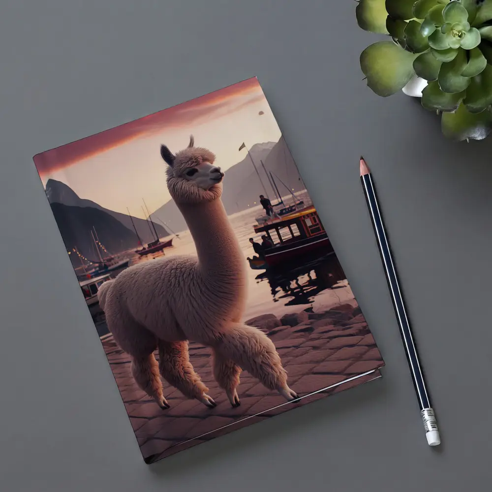 Alpaca at Sunset Harbor with Mountains – Notebooks