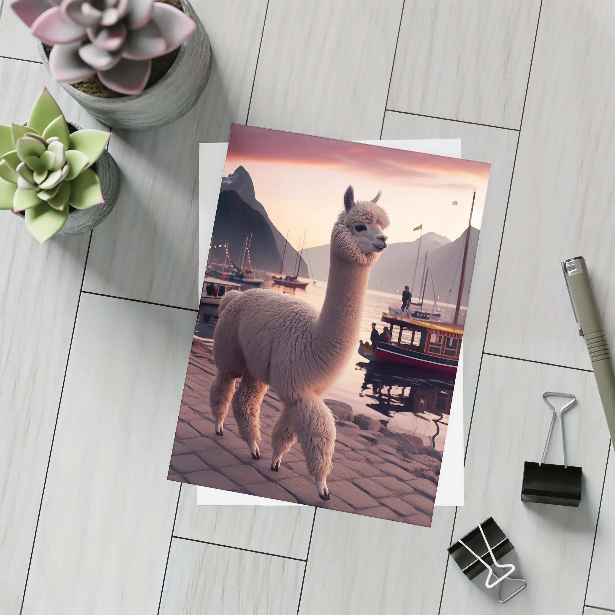 Alpaca at Sunset Harbor with Mountains – Postcards