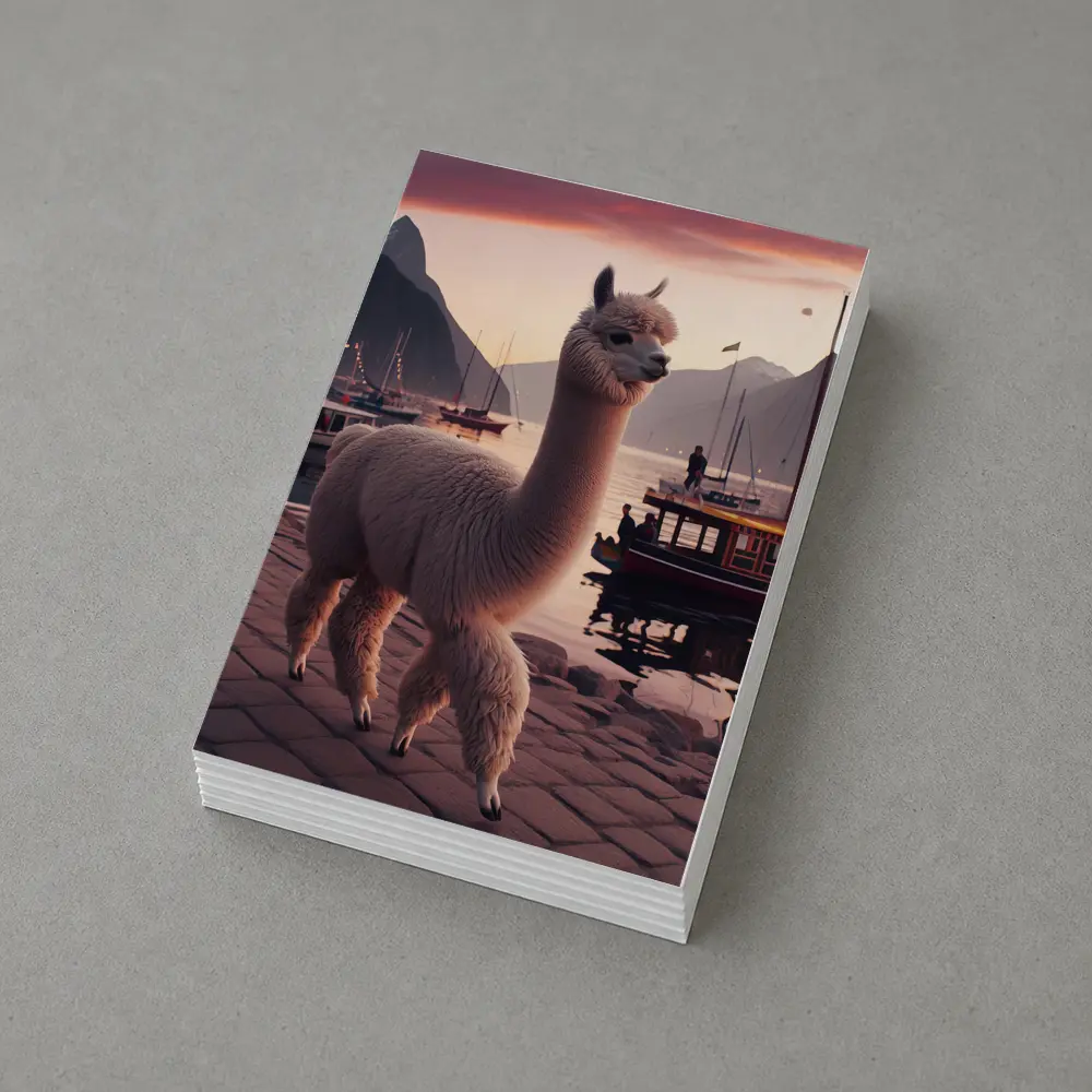 Alpaca at Sunset Harbor with Mountains – Postcards