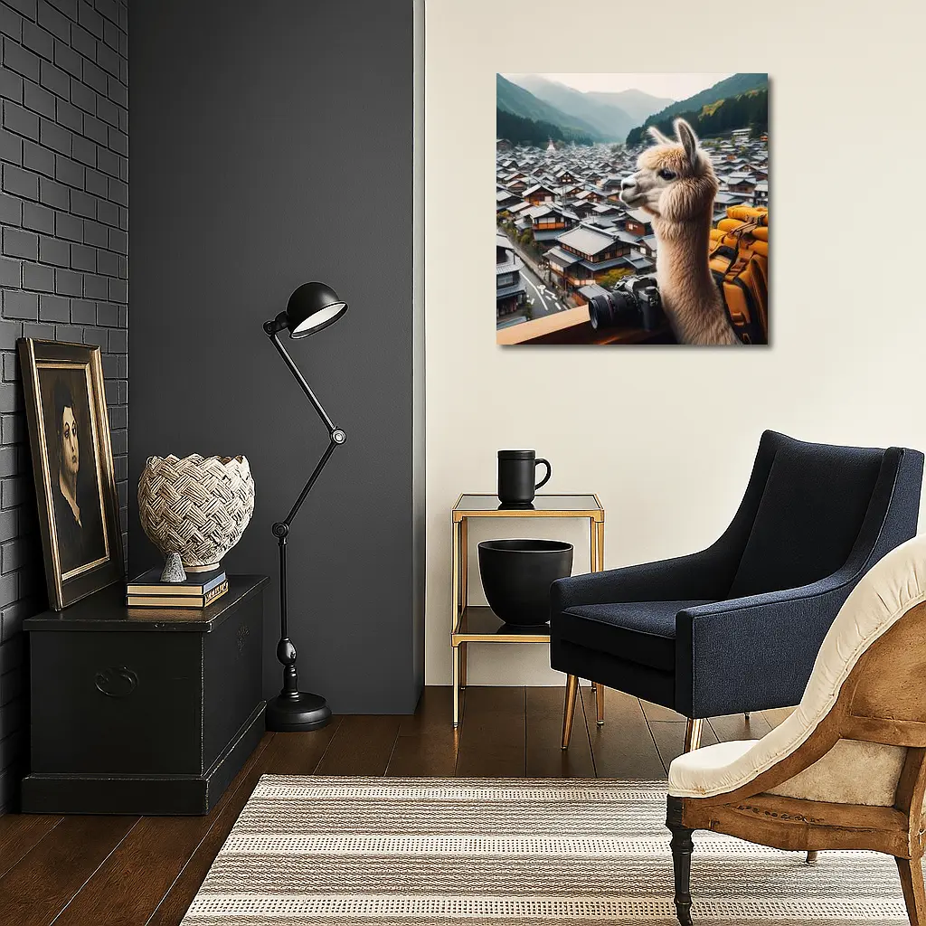 Alpaca Tourist Overlooking Japanese Mountain Town – Wall Art