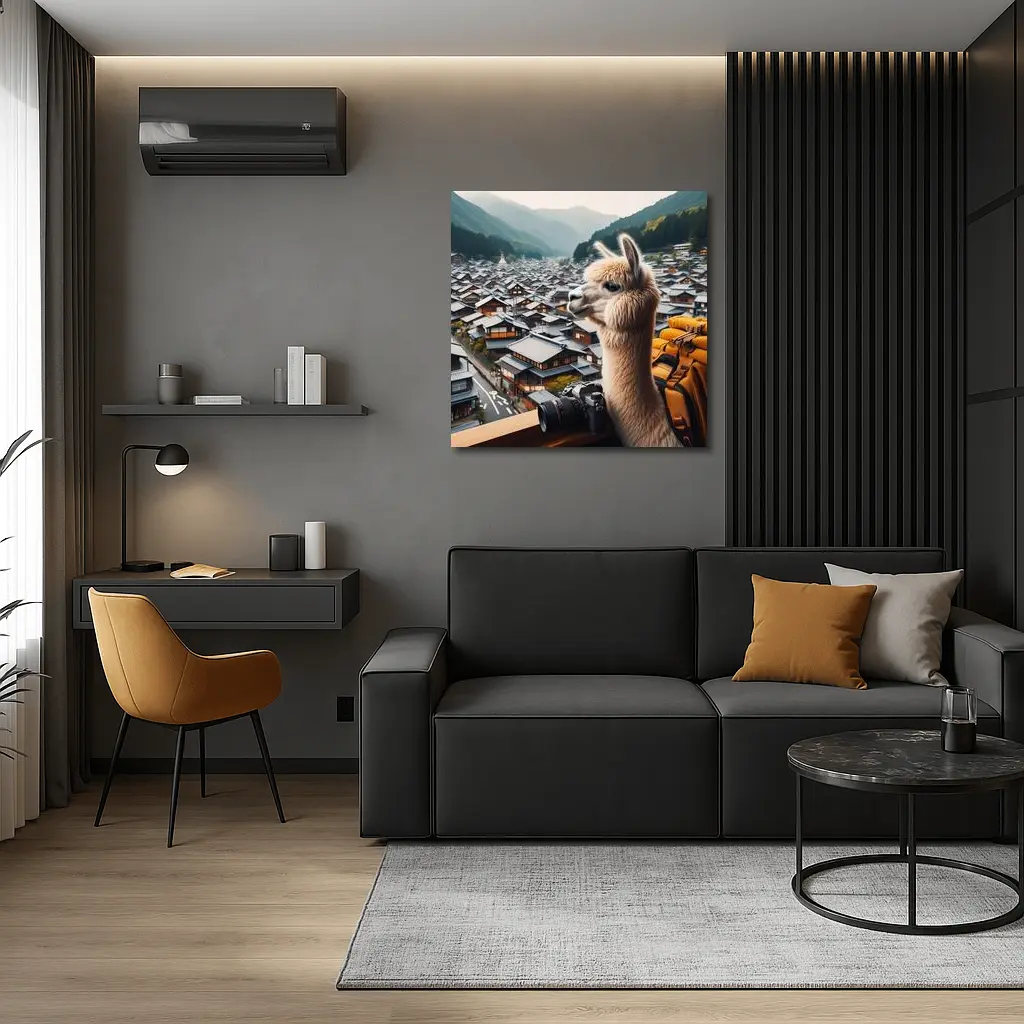 Alpaca Tourist Overlooking Japanese Mountain Town – Wall Art