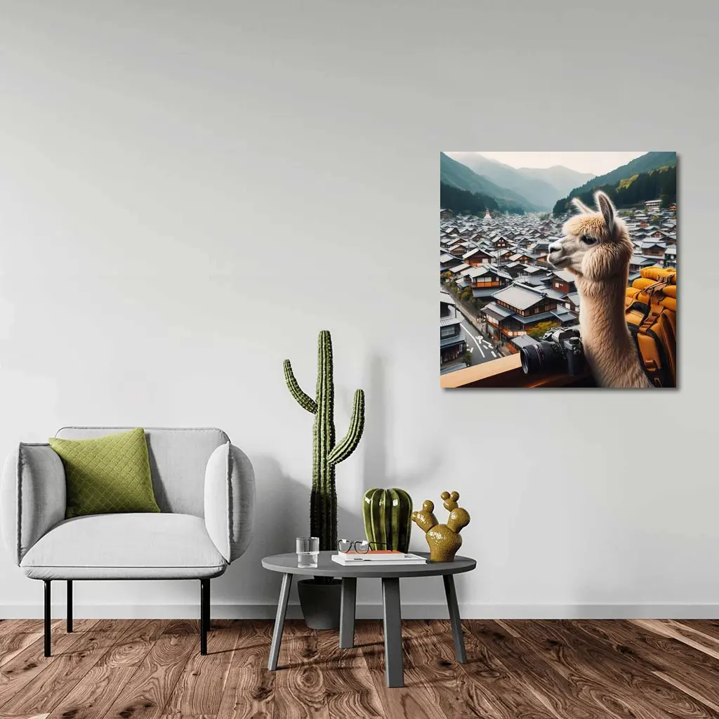 Alpaca Tourist Overlooking Japanese Mountain Town – Wall Art