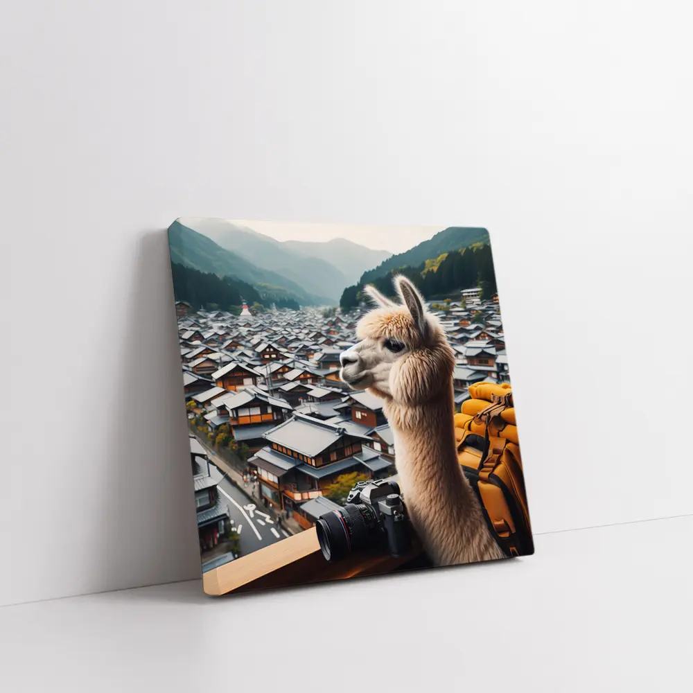 Alpaca Tourist Overlooking Japanese Mountain Town – Wall Art