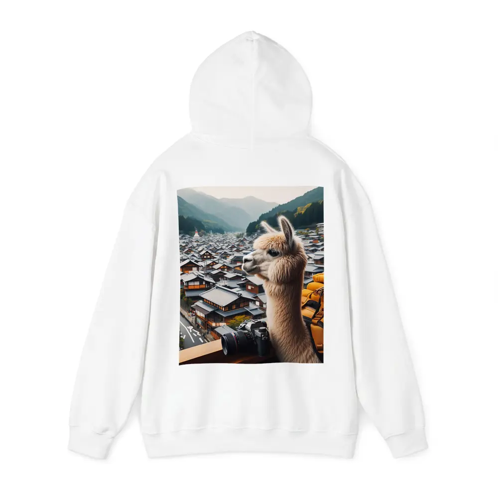 Alpaca Tourist Overlooking Japanese Mountain Town – Hoodies