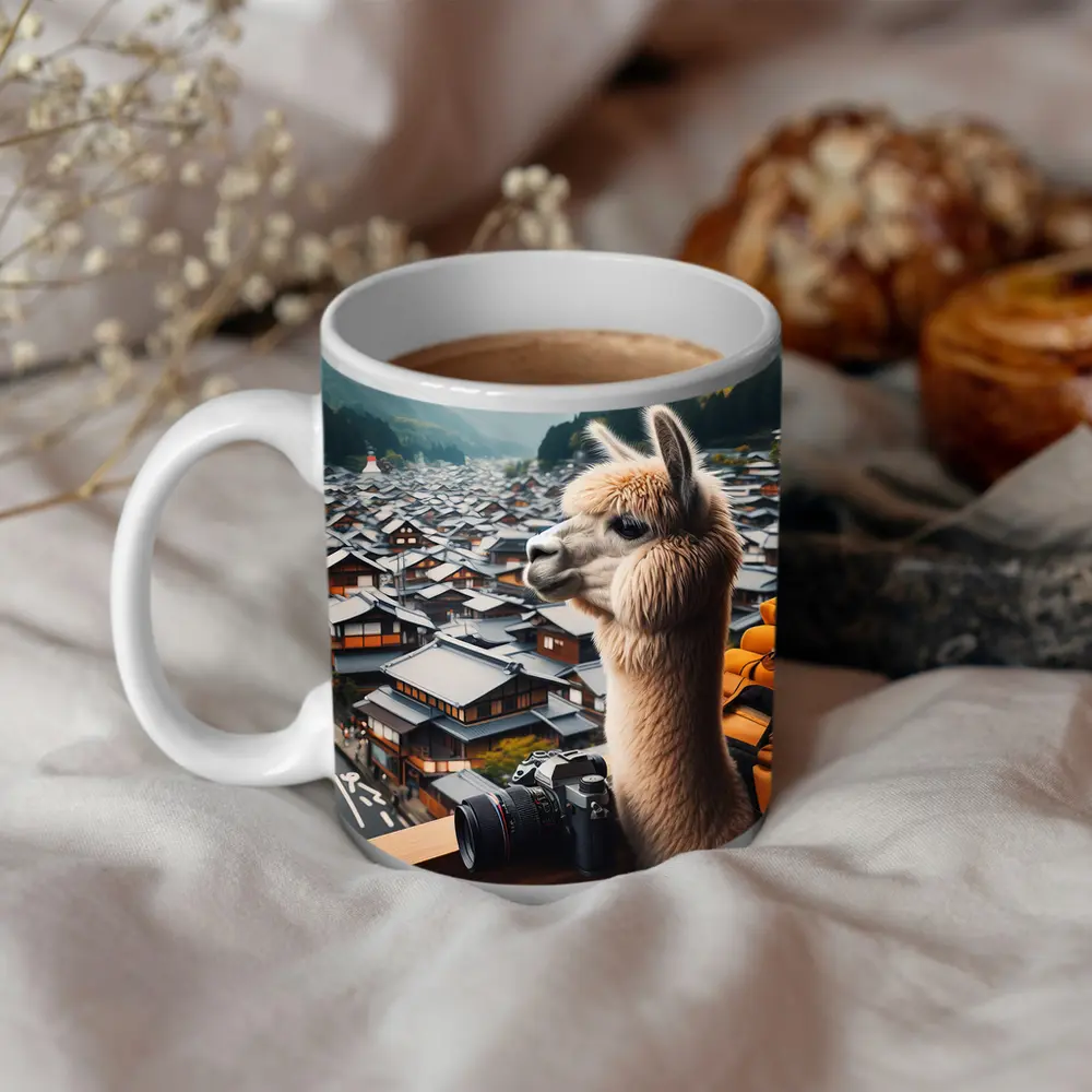 Alpaca Tourist Overlooking Japanese Mountain Town – Mugs