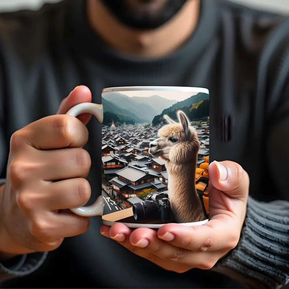 Alpaca Tourist Overlooking Japanese Mountain Town – Mugs