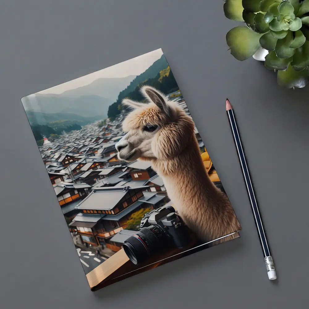 Alpaca Tourist Overlooking Japanese Mountain Town – Notebooks