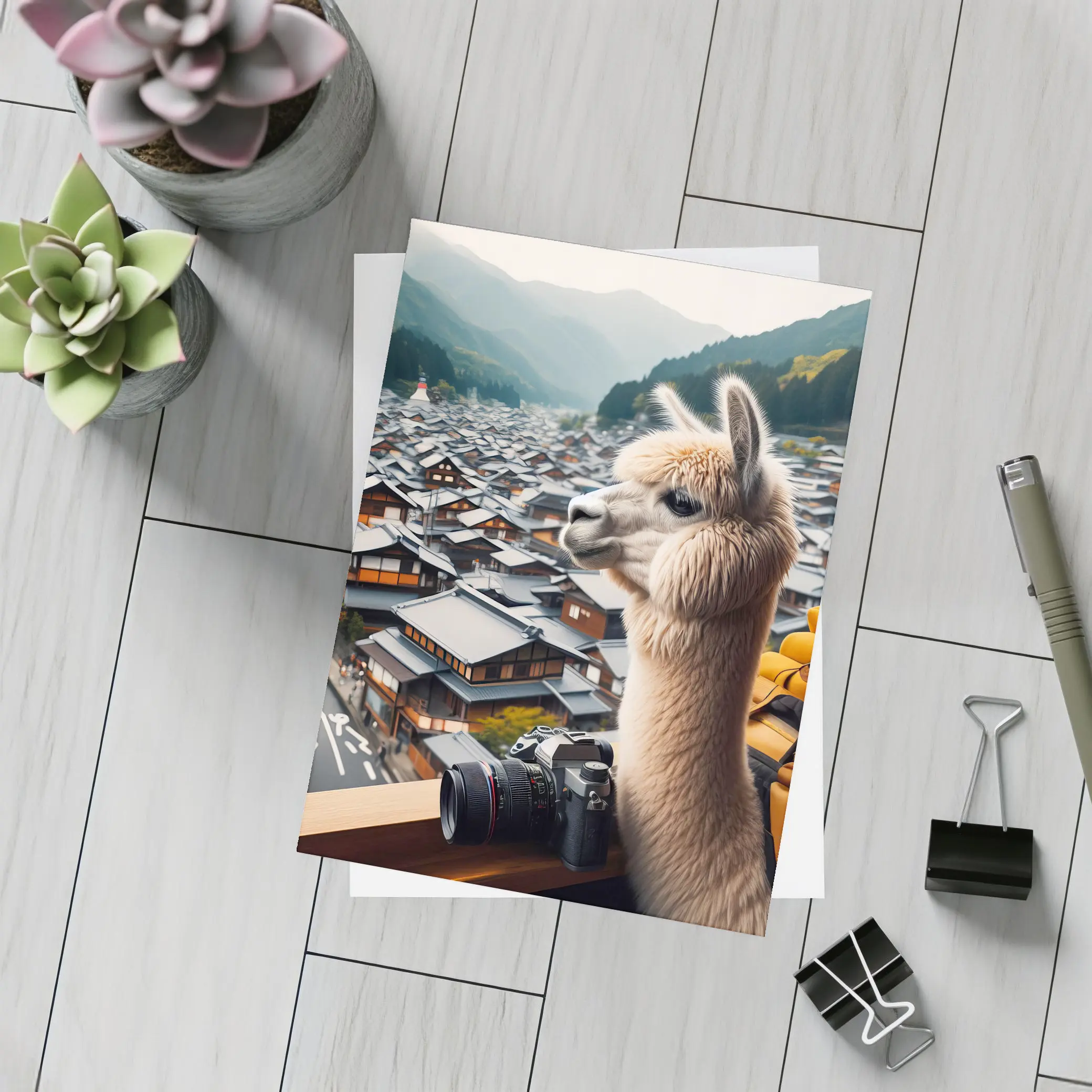 Alpaca Tourist Overlooking Japanese Mountain Town – Postcards
