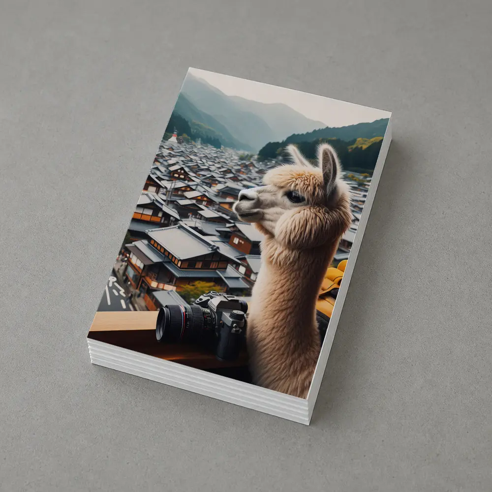 Alpaca Tourist Overlooking Japanese Mountain Town – Postcards
